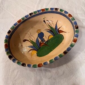 Vintage Mexican Tonala Pottery Oval Serving Bowl Hand Painted Folk Art Campesino